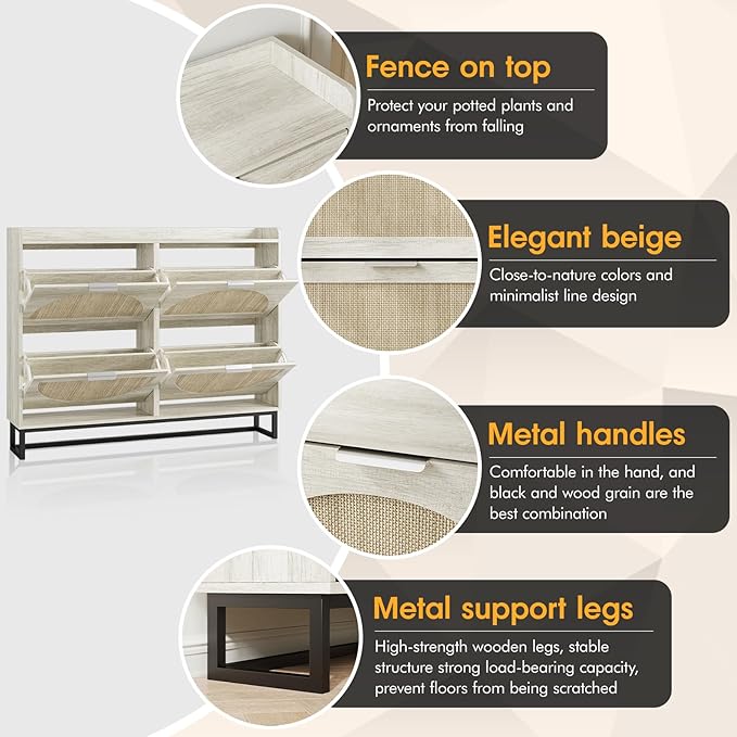 Maupvit Large Rattan Shoe Storage Cabinet with 4 Flip Drawers, Freestanding Shoe Organizer with Metal Legs for Entryway, Hidden Silver Handles, Narrow Shoe Rack Cabinet, Beige
