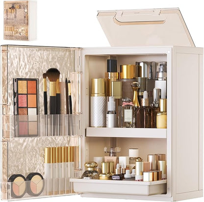 HAIXIN Makeup Organizer with Drawer & Brush Holder, Plastic Cosmetic Display Cases, Large Vanity Organizer Countertop Waterproof for Skincare, Perfume, Bathroom & Dresser (White & Amber)
