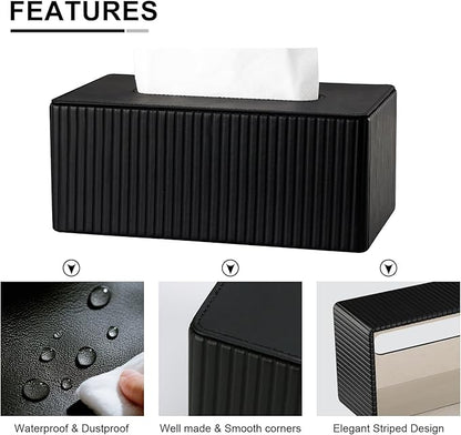 KINGFOM PU Leather Tissue Box Cover Rectangular Tissue Box Holder with Magnetic Bottom, Napkin & Facial Tissue Holder Dispenser for Home, Office (Decorative Pattern-PU Leather, Black Stripe)