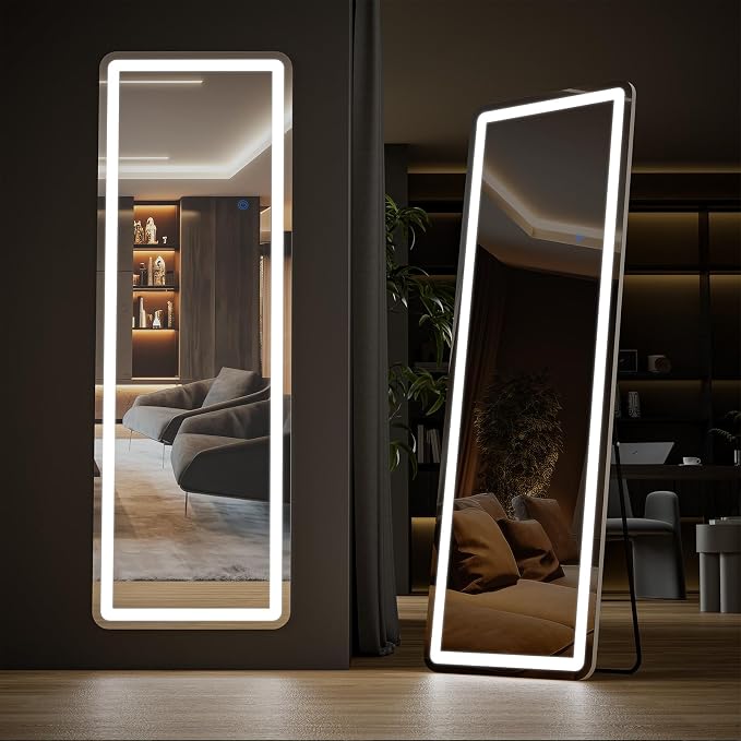 OLIXIS 21"x 64" LED Full Length Mirror with Lights, Standing Lighted Floor Full Body Mirror with 3 Color Lighting, Wall Mounted Mirrors for Bedroom, Bathroom, Entryway with Tempered Glass