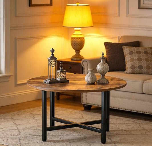 FAMIDGE Round Coffee Table, 23.6" Small Coffee Tables for Living Room, Circle Coffee Table with Metal Frame, Floor Table Desk for Sitting on The Floor, Home, Office, Rustic Brown