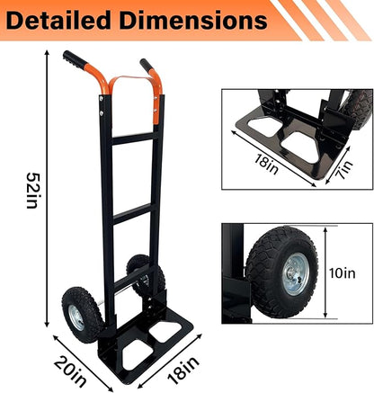 Hand Truck Heavy Duty, 550Lb Capacity Dolly Cart with 10in Rubber Inflatable Wheels, Industrial Trolley with 18in Wide Nose Plate, Moving Dolly for Warehouses, Offices, Homes, Delivery and Workshop