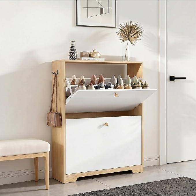 Nicetree Shoe Cabinet with 2 Flip Drawers, Narrow Shoe Organizer Cabinet, Freestanding Shoe Rack Cabinet, Modern Shoe Storage Cabinet for Entryway, Hallway, Foyer, Natural Oak and White with Hook