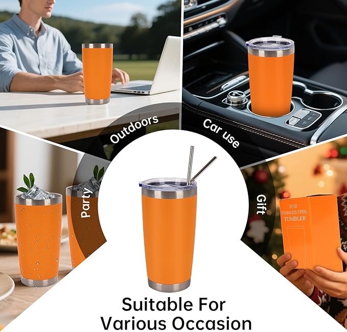 IEOVIEE 32 Pack, 20oz Stainless Steel Bulk Tumblers with Lids and Straws, Double Wall Insulated Travel Coffee Mug, Durable Powder Coated Tumbler Bulk Cup for Cold and Hot Drinks(Orange)