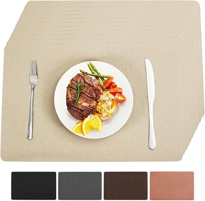 Vinyl Placemats Set of 12 Heat Resistant Easy Clean Non-Slip Place Mats for Dining Table Faux Leather Waterproof Stain Resistant Wipeable Washable PVC Table Mats(12, Beige)
