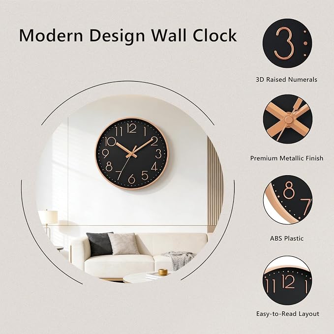 DAXSMY Wall Clock - 12 Inch Silent Non-Ticking Modern 3D Wall Clocks Battery Operated - Decorative Clock for Kitchen, Home Office, Bathroom, Bedroom, Living Room(Black)