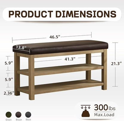 Shoe Rack Bench with Leather Cushion, 2 Tier Solid Wood Storage Bench, Mid-Century Modern Shoe Bench for Entryway, Hallway, Closet, Front Door Entrance, Foyer (Dark Brown, 46.5)