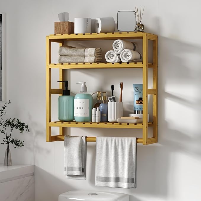 Galood Over The Toilet Storage Bathroom Shelves Wall Mounted 3 Tier Space Saver Corner Shelf Organizer Bamboo Towel Rack Toilet Paper Cabinet with Hanging Rod Yellow