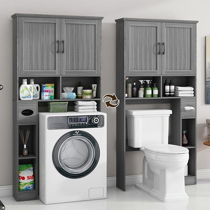 Over The Toilet Storage Cabinet, Farmhouse Storage Cabinet Over Toilet with Barn Door& Toilet Paper Holder Stand，Home Space-Saving Toilet Rack, for Bathroom, Restroom, Laundry.Wash Gray