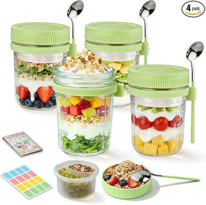 4 Pack Overnight Oats Containers with Lids and Spoons - 16 oz Glass Mason Jars with Dressing Cup, Over night Oat Jars for Meal Prep, Yogurt Parfait Cup for Chiaseed Salad (Green)