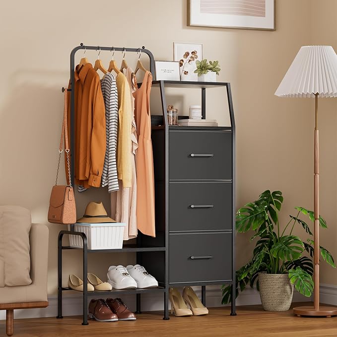 SWTYMIKI Dresser with Hanging Rack - 3 Fabric Drawers Kids Dresser for Bedroom - Reversible Tall Storage Tower, Small Space Clothes Storage Organizer Cabinet for Apartment, Dorm 49.21''H, Black