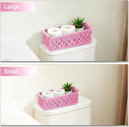 Nonam Macrame Storage Baskets, Boho Decor Style Woven Storage Boxes for Home Organization, Toilet Tank Shelf Cabinet Organizer Baskets,Set of 2,Rectangle,Pink