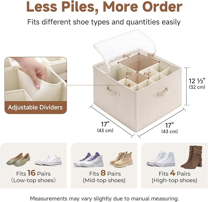 StorageWorks 2 Pack Shoe Organizer for Closet, Foldable Shoe Storage Box with Adjustable Dividers, Fabric Shoe Organizer for Entryway, Fits up to 16-32 Pairs, Khaki and Beige Stripes