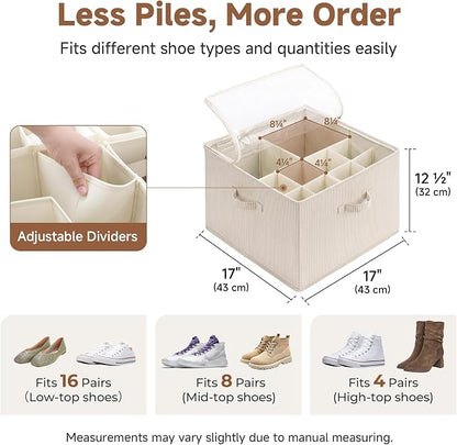 StorageWorks 2 Pack Shoe Organizer for Closet, Foldable Shoe Storage Box with Adjustable Dividers, Fabric Shoe Organizer for Entryway, Fits up to 16-32 Pairs, Khaki and Beige Stripes