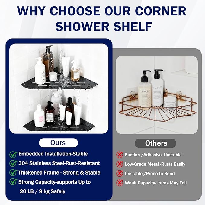 10" Corner Shower Shelf 2 Pcs Matte Black 304 Stainless Steel Diamond Heavy Duty Floating Corner Shelves Slot Design Recessed Bathroom Shower Shelf for 90° Tiled Wall, No Drilling Needed