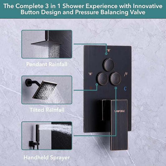 VANFOXLE Shower Faucet Set Oil Rubbed Bronze Shower System,Push Button Diverter Shower Faucet with 2 in 1 Handheld,Ceiling Mount 10 Inch Shower Head with 6 Inch Wall Mount Shower Head