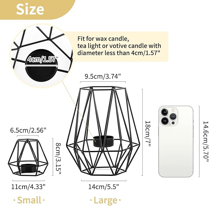 Nuptio 2 Pcs Tealight Holders - Tea Light Candle Holders Geometric Candle Holder for Dining Table Decorations Centrepiece, Black Fireplace Ornaments for Living Room, Wedding Housewarming Gifts