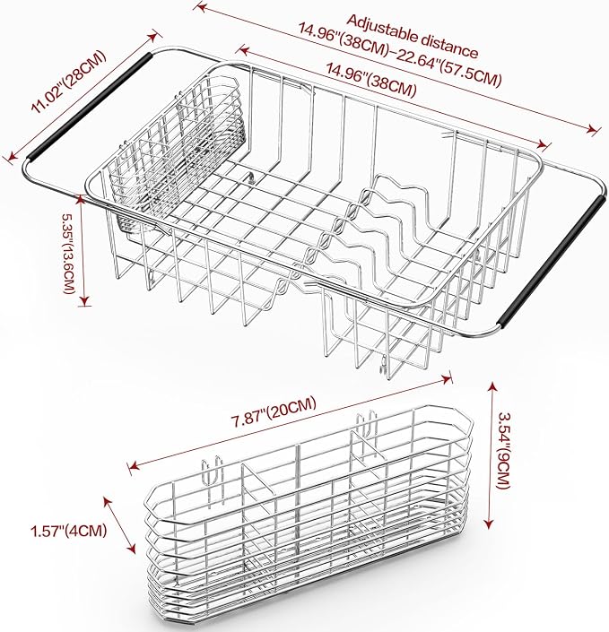 Fanbsy Large Dish Drainer Rack in Sink Adjustable, Expandable 304 Stainless Steel Metal Dish Drying Rack Organizer with Stainless Steel Utensil Holder Over Inside Sink Counter, Rustproof