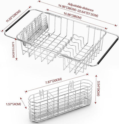 Fanbsy Large Dish Drainer Rack in Sink Adjustable, Expandable 304 Stainless Steel Metal Dish Drying Rack Organizer with Stainless Steel Utensil Holder Over Inside Sink Counter, Rustproof