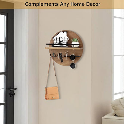 Key Holder for Wall Decorative with Shelf and Hooks, Mail Organizer Wall Mount with Sunglasses Holder, Circular Design Entryway Key Rack Hanger, Rustic Home Decor