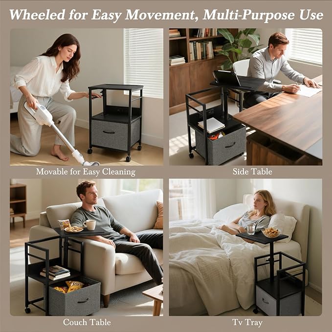 Faesun Swivel Lift Top Nightstand with Charging Station, Rolling Side Table for Recliner, Bedside Table with Wheels & a Fabric Drawer, for Small Spaces, for Bedroom, Living Room, Black Gray