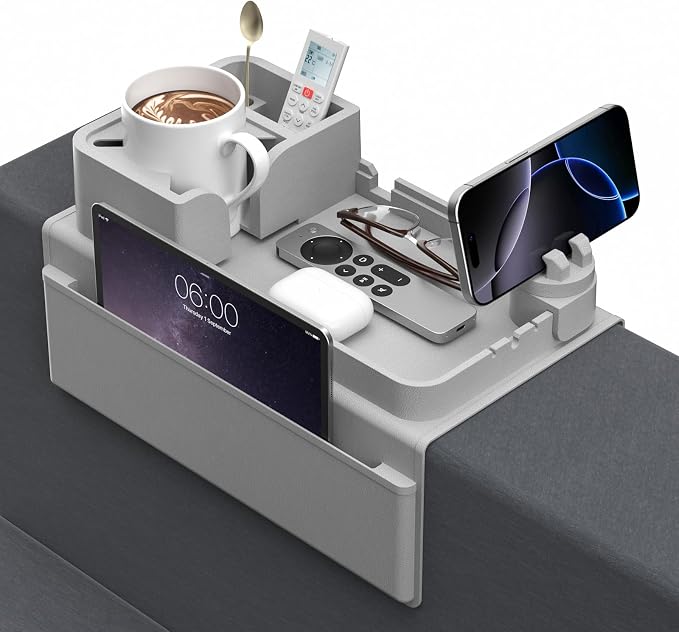 Couch Arm Cup Holder CLESOO Couch Arm Tray Anti-Slip Couch Cup Holder Silicone Sofa Armrest Tray Dual Side Pocket Couch Drink Holder Sofa Caddy Arm Remote Holder Snack Caddy with Phone Holder Grey