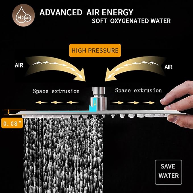 BESy 12 Inch Rain Shower Head, 12" Square Rainfall & High Pressure Stainless Steel Bath Shower Head, 1/16" Ultra Thin, Waterfall Full Body Coverage with Silicone Nozzle, Polished Chrome