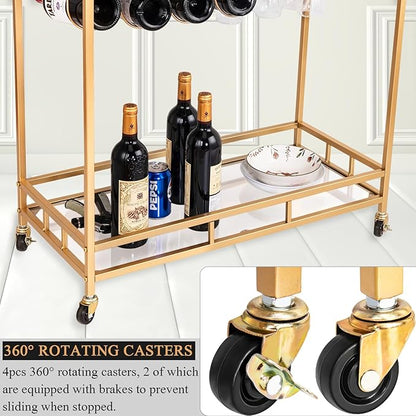 KAKO Gold Bar Cart, Gold Bar Cart with Wheels, Home Bar & Serving Carts with 2 Mirrored Shelves, Bar Carts for The Home, Kitchen, Dining Room, Dining Party