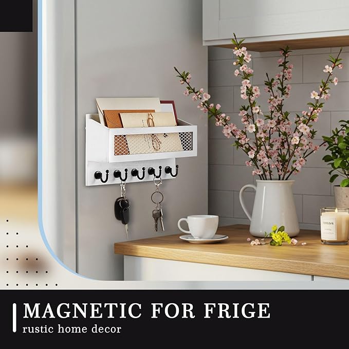 Magnetic Mail and Key Holder for Wall Fridge Wooden Mail Organizer with 5 Key Hooks for Home Bedroom Fridge Kitchen Decorative (White)