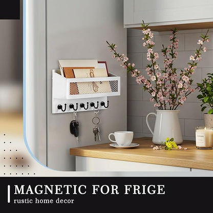 Magnetic Mail and Key Holder for Wall Fridge Wooden Mail Organizer with 5 Key Hooks for Home Bedroom Fridge Kitchen Decorative (White)