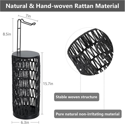Black Freestanding Toilet Paper Holder with Storage,3 Rolls of Tissue Holder for Bathroom,Handmade Woven Toilet Paper Roll Holder Stand,Rattan Sturdy Boho Bathroom