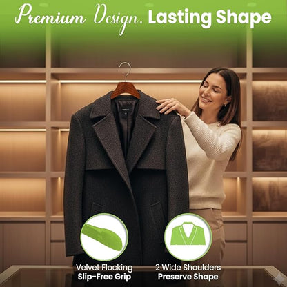 Premium Luxe Wooden Hangers for Women, Wide Shoulder Design for Dresses, Skirts, Sweaters & Blouses, Heavy Duty with Velvet Grip, High Gloss Brown with Brown Velvet, 6 pcs