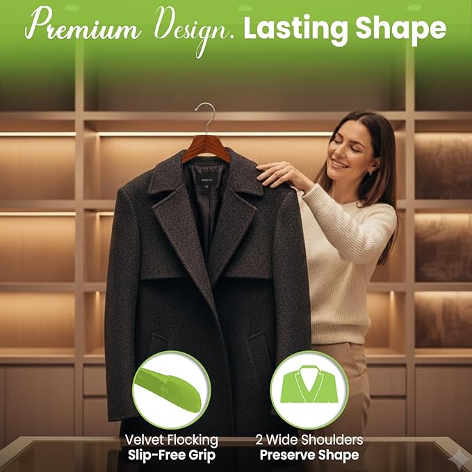 Premium Luxe Wooden Hangers for Women, Wide Shoulder Design for Dresses, Skirts, Sweaters & Blouses, Heavy Duty with Velvet Grip, High Gloss Brown with Brown Velvet, 30 pcs