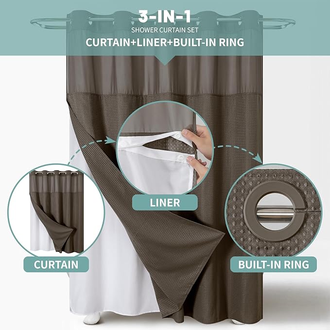Brown Extra Long No Hook Waffle Weave Shower Curtain with snap-in Liner Replacement, 230GSM Waterproof Fabric Hotel Shower Curtain Set for Bathroom, Through Mesh Top Window,71Wx86H