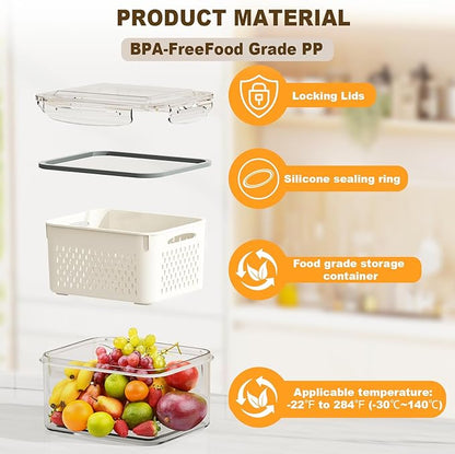 4 Pcs Fruit Storage Containers for Fridge (with Drain Basket) - Leak-Proof Food Containers, BPA-Free, Keep Fruits, Vegetables, Berries, and Meats Fresh for a Long Time, Dishwasher and Microwave Safe