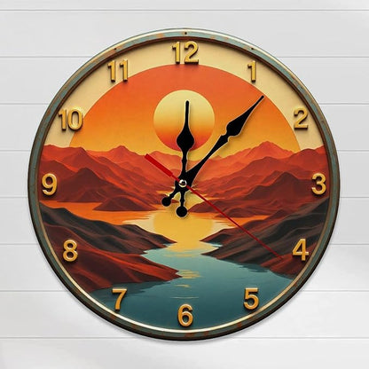 Wall Clock， Sunset Landscape Non Ticking Wall Clocks Battery Operated， Teal Wooden Wall Clocks for Kitchen， Living Room， Bedroom， Office， Bathroom Decorative 25 * 25cm