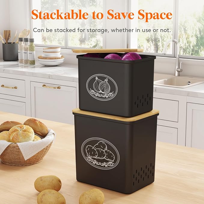 Lifewit Plastic Potato and Onion Storage Bin, Stackable Garlic Keeper with Aerating Holes and Lid, Vegetable Container Box for Pantry Countertop, Black, 24 x 18 x 24 cm/9.5 x 7 x 9.5 inch, Set of 2