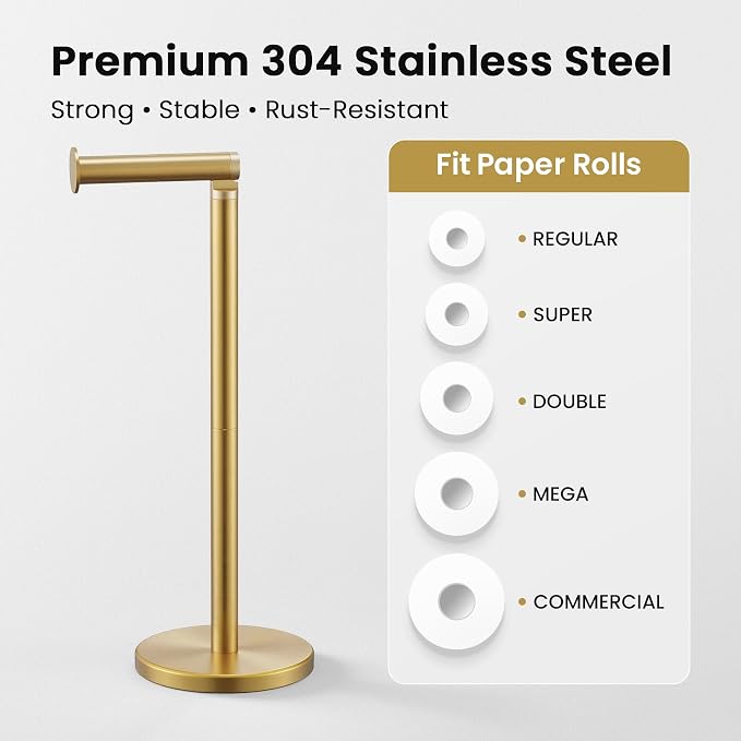 Cesun Extra Weighted Base Toilet Paper Holder Stand - SUS304 Rust Proof Free Standing Tissue Roll Holder for 4 Rolls, No Tipping, No Slipping, Gold
