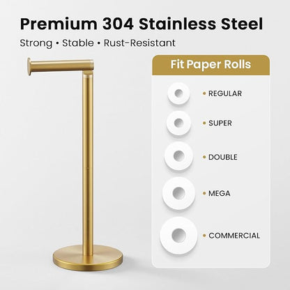 Cesun Extra Weighted Base Toilet Paper Holder Stand - SUS304 Rust Proof Free Standing Tissue Roll Holder for 4 Rolls, No Tipping, No Slipping, Gold