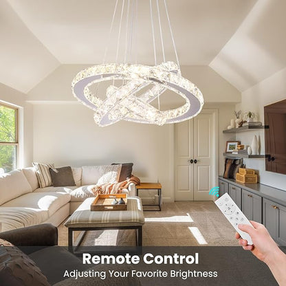 Chandelier LED Crystal Chandelier Lighting Dimmable LED Chandeliers Modern Ceiling Light Fixture 3 Rings Adjustable Stainless Steel Pendant Light for Bedrooms Living Room
