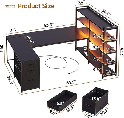 SEDETA L Shaped Gaming Desk, Reversible U Shaped Computer Desk with Power Outlet and Storage Shelves, Corner Gaming Desk with LED Lights, 3 Fabric Drawers, Black
