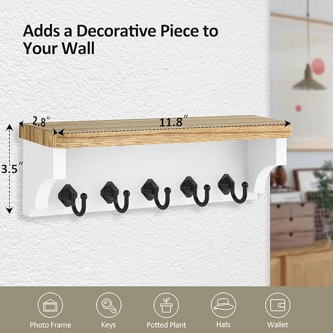 Nekon Key Holder for Wall, 11.8" W x 3.5" H x 2.8" D Decorative Key Organizer with Floating Shelf, Wall Mount Key Rack with 5 Hooks (Wood)