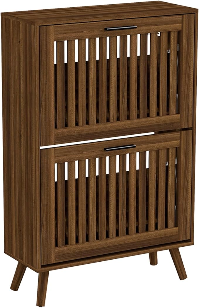 Vibe & Dine Shoe Cabinet with 2 Flip Drawers, Walnut Shoe Storage Cabinet for Entryway Slim, Free Standing Shoe Rack Organizer with Hollowed Doors for Hallway, Bedroom