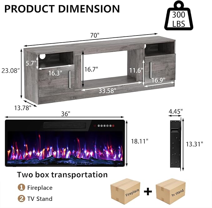 PRETZI Fireplace TV Stand with 36" Fireplace Up to 80" TVs, 70" Entertainment Center with LED Lights, Remote Control, TV Media Console with Storage Cabinets for Living Room, Gray