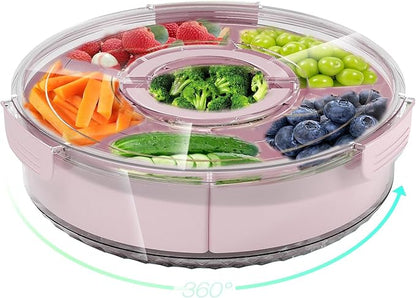 Divided Rotating Serving Tray with Lid and Handle, Portable Snackle Box for Fruits Snacks Veggie Charcuterie, Clear Lazy Susan Organizer and Fridge Storage Container for Adults Child (1PCS,12" L