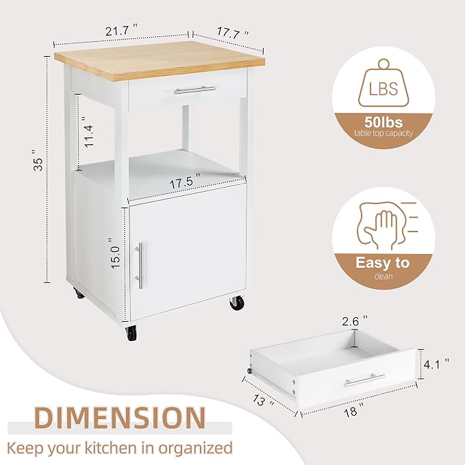 Shintenchi Kitchen Island Cart with Storage,Rolling Side Table on Wheels with Worktop,Single Door Cabinet and Drawer for Dinning Room, White