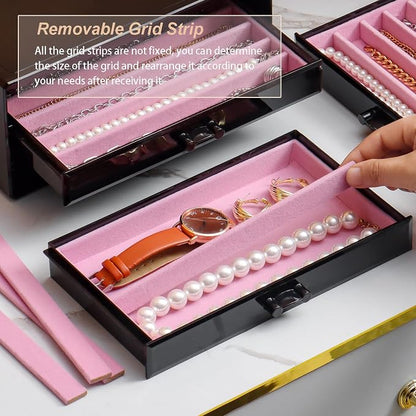 YUFONG Necklace Holder Organizer, Dustproof Necklace Box Velvet Necklace Organizer Box with Lid Clear Acrylic Dustproof Stackable Jewelry Displays for Necklaces Chain Display (Black Pink, 5 Drawer)