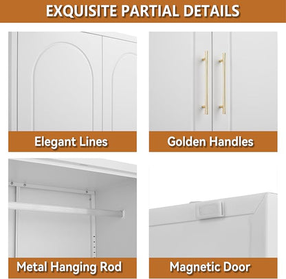 Polup Metal Wardrobe Cabinet for Hanging Clothes, 71" Tall Armoire Wardrobe Closet with Hanging Rod, White Clothing Storage Cabinet with Doors and Shelves, Large Closet for Bedroom-Assemble Required
