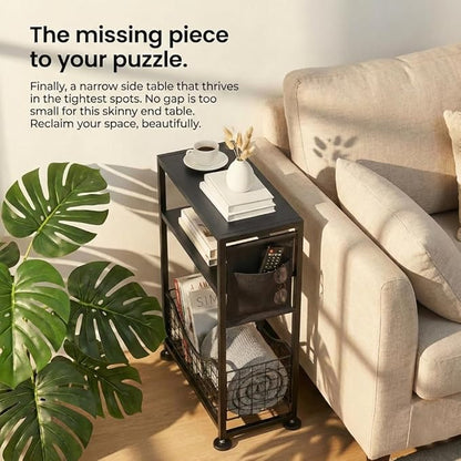 Skinny Side Table with Storage, 3 Tier Slim Side Tables for Small Spaces, Skinny End Table Narrow Bedside Table Narrow Side Table for Living Room, Bedroom