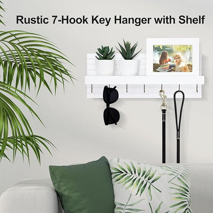 Decorative Key Holder for Wall with Shelf, Entryway Shelf with Hooks Holds Leashes, Jackets and Glasses – Sturdy Wood Keyholder Entrance Hanger with Mounting Hardware (White, Large)